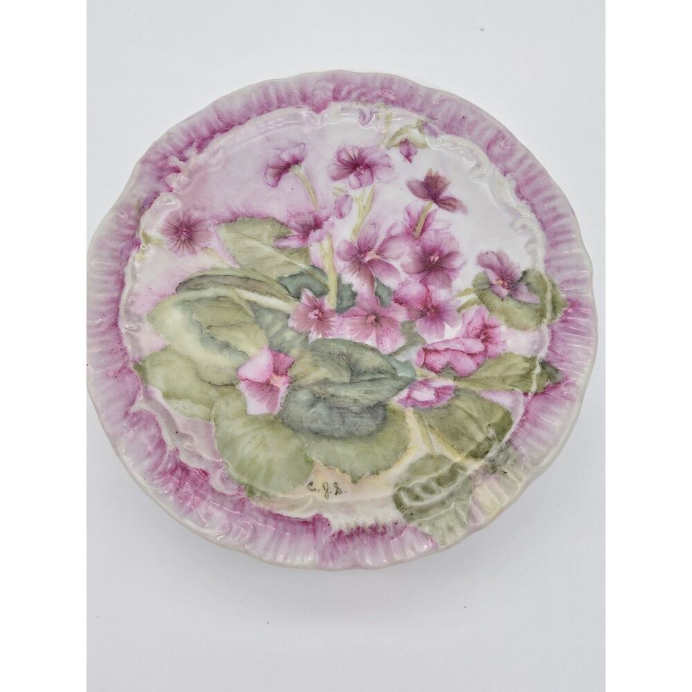 Antique Hand Painted Floral Cabinet Wall Plate Signed CJS Pink Violets 6 Inch